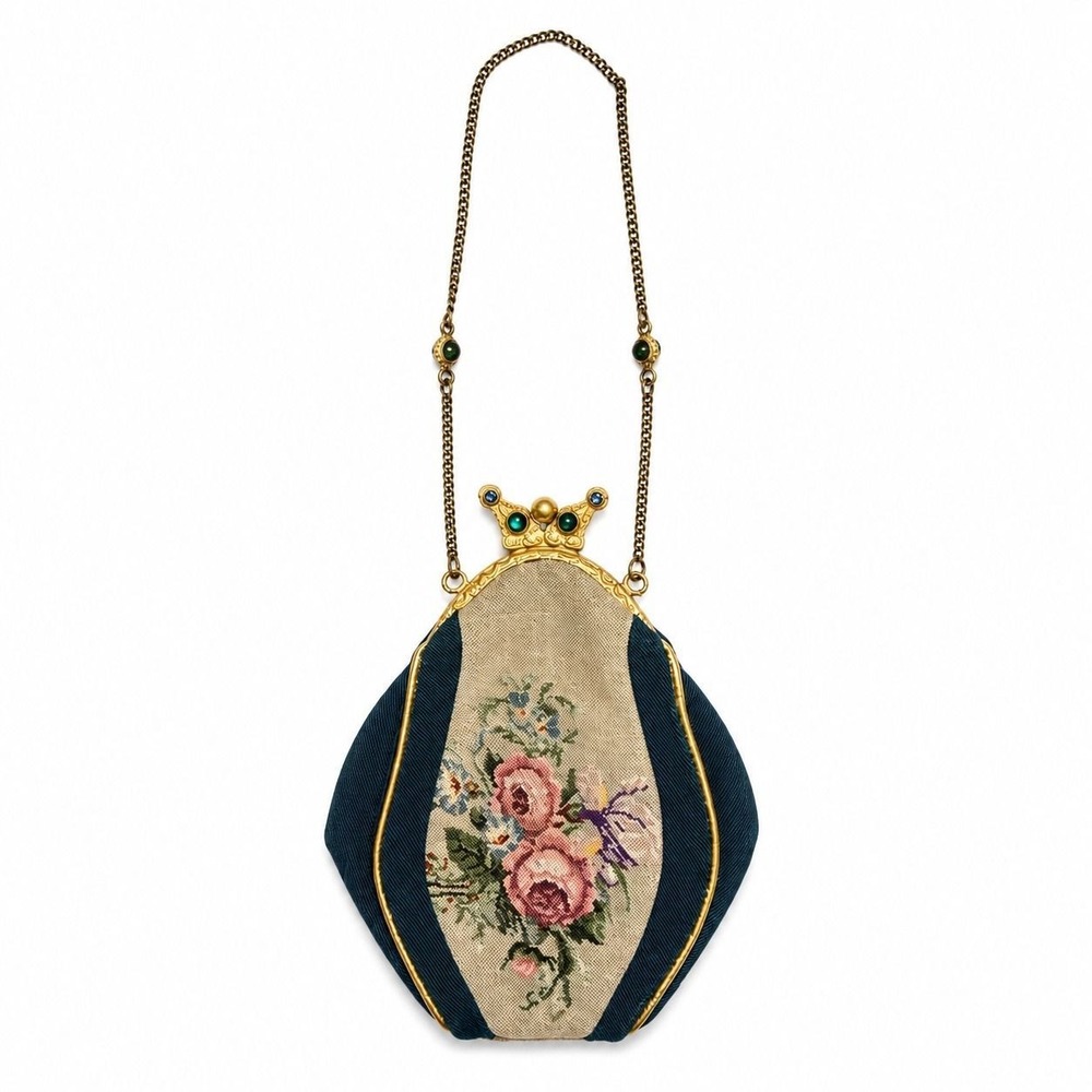 ⚜️91. 1930s European Petit Point Tapestry Evening Bag Jewel Clasp Mirror Navy